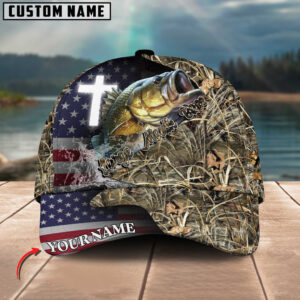 Personalized Large Mouth Bass Fishing Grass Camo And US Flag Pattern Premium Classic 3D Cap