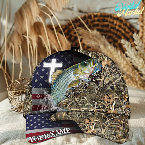 Personalized Stripped Bass Fishing Grass Camo And US Flag Pattern Premium Classic 3D Cap