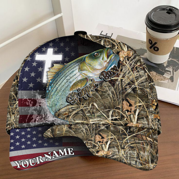 Personalized Stripped Bass Fishing Grass Camo And US Flag Pattern Premium Classic 3D Cap